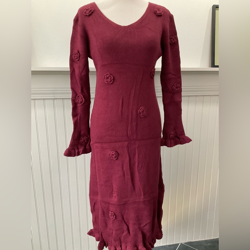 Dalia MacPhee Burgundy Sweater Dress Floral Crochet Long Sleeve Midi Size Large - Picture 3 of 5